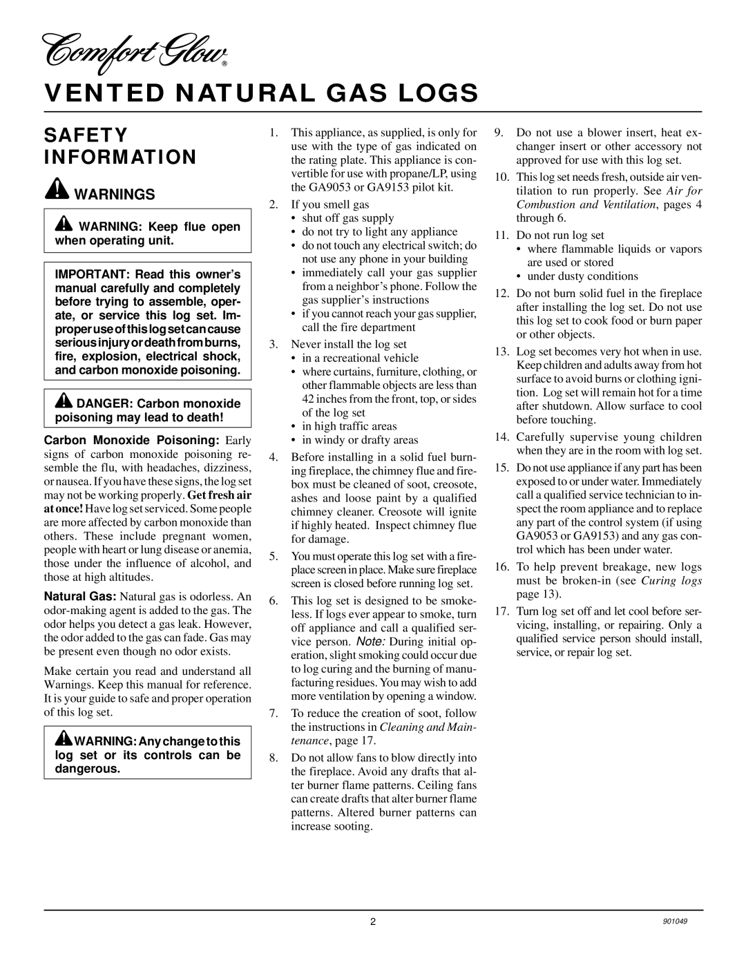 Desa CVTR24, CVTR18 installation manual Vented Natural GAS Logs, Safety Information 