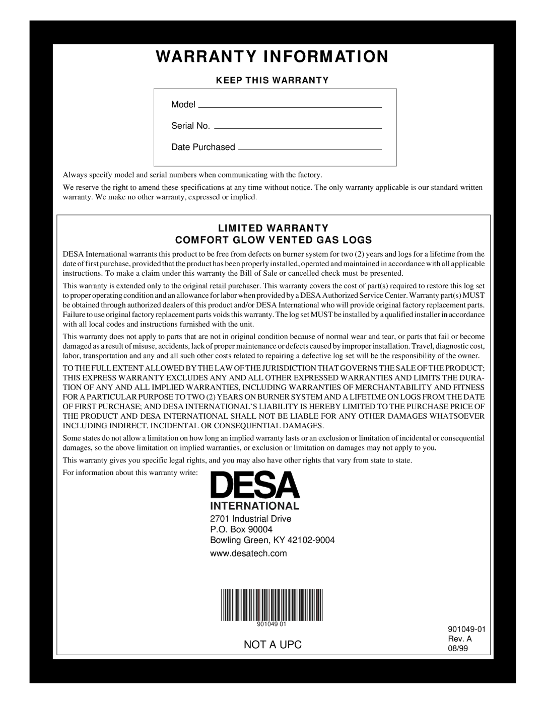 Desa CVTR24, CVTR18 installation manual International, Keep this Warranty 