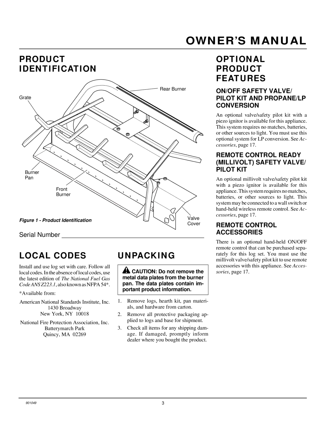 Desa CVTR18, CVTR24 Product Identification, Local Codes Unpacking Optional Product Features, Remote Control Accessories 