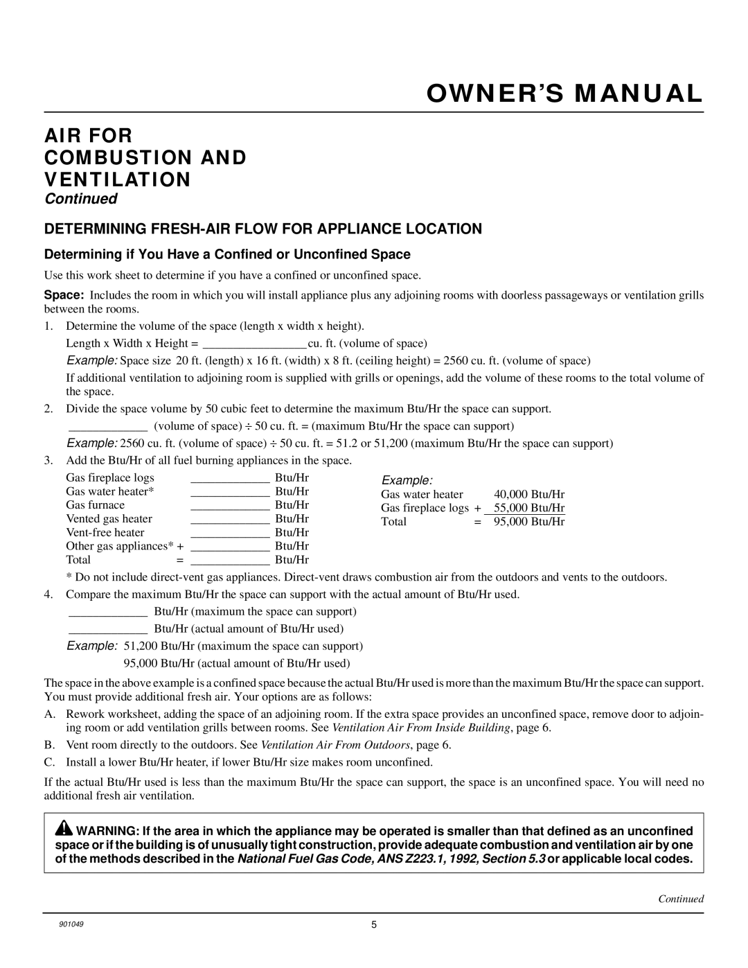 Desa CVTR18, CVTR24 installation manual AIR for Combustion Ventilation, Determining FRESH-AIR Flow for Appliance Location 