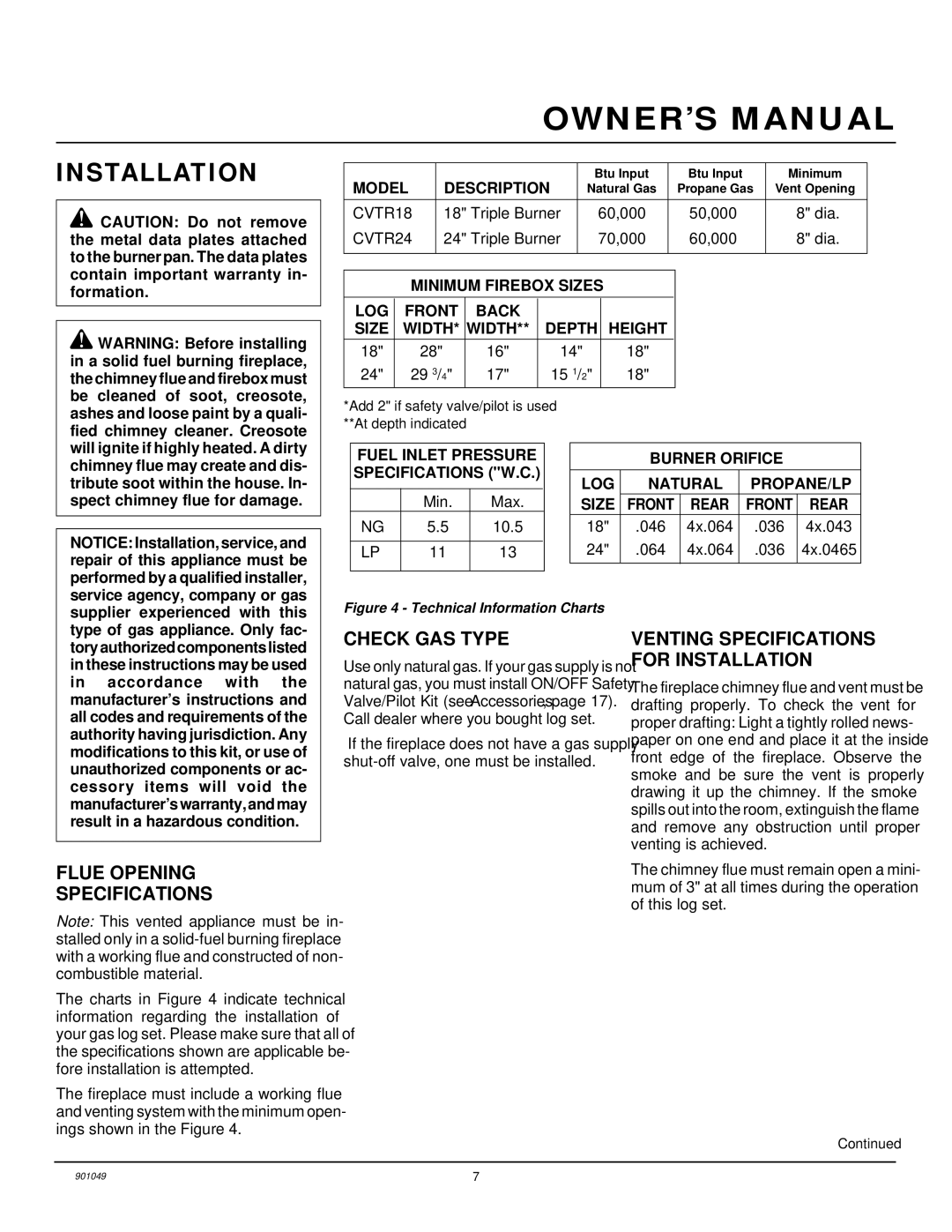 Desa CVTR18, CVTR24 Flue Opening Specifications, Check GAS Type, Venting Specifications for Installation 