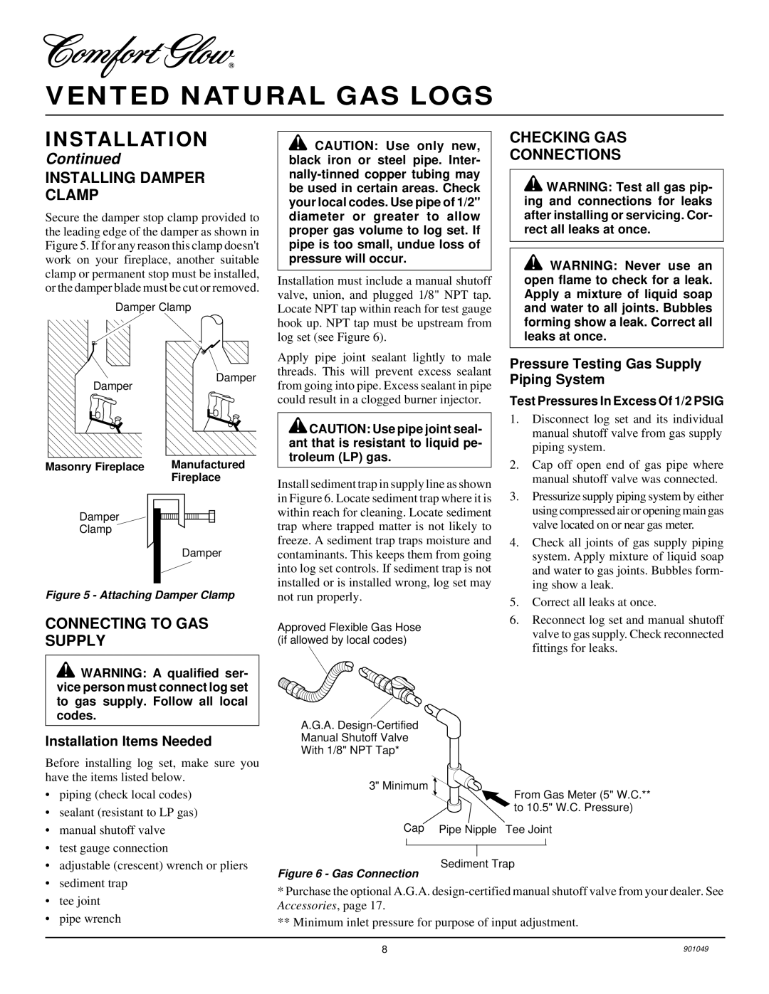 Desa CVTR24, CVTR18 Installing Damper Clamp, Connecting to GAS Supply, Checking GAS Connections, Installation Items Needed 