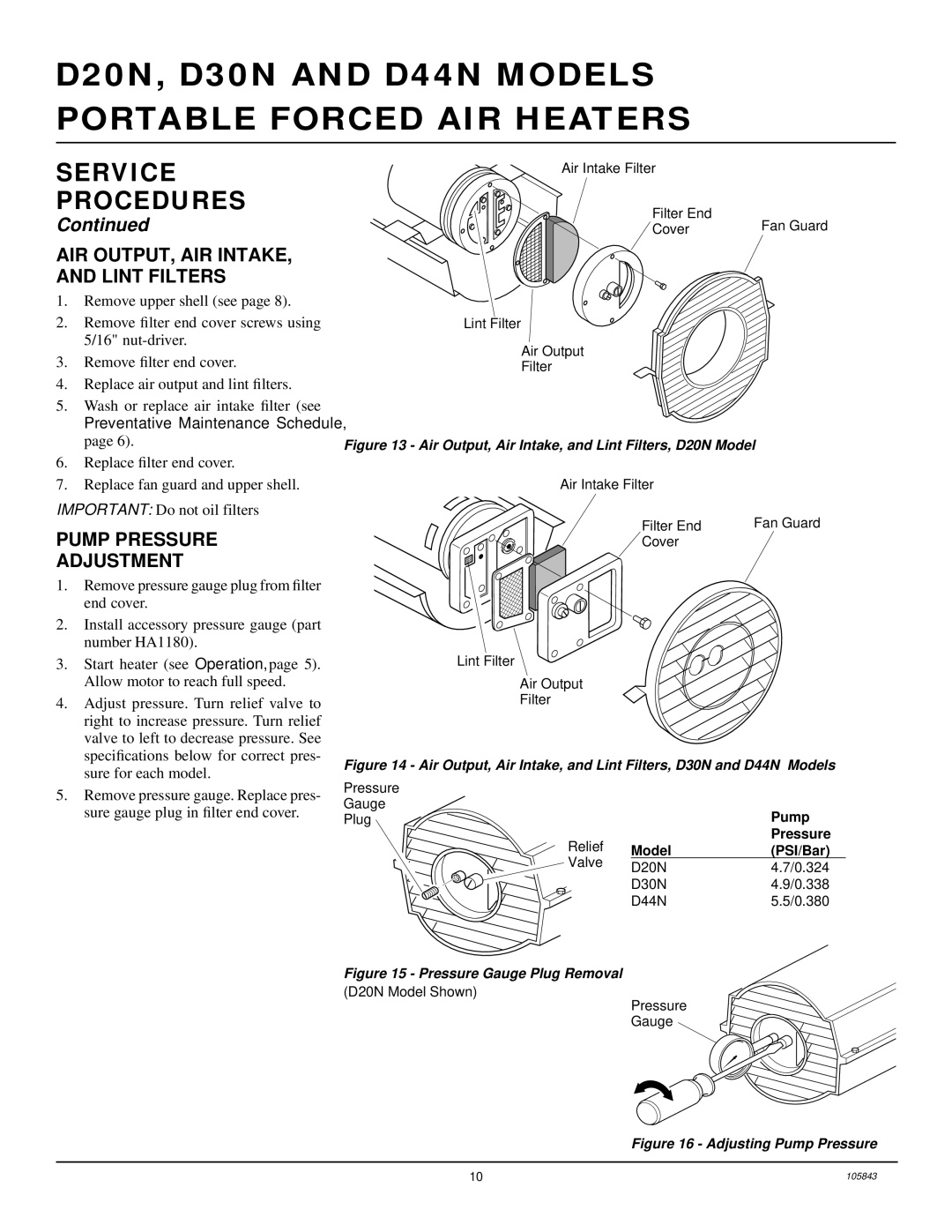 Desa D44N, D20N, D30N owner manual AIR OUTPUT, AIR INTAKE, and Lint Filters, Pump Pressure Adjustment 