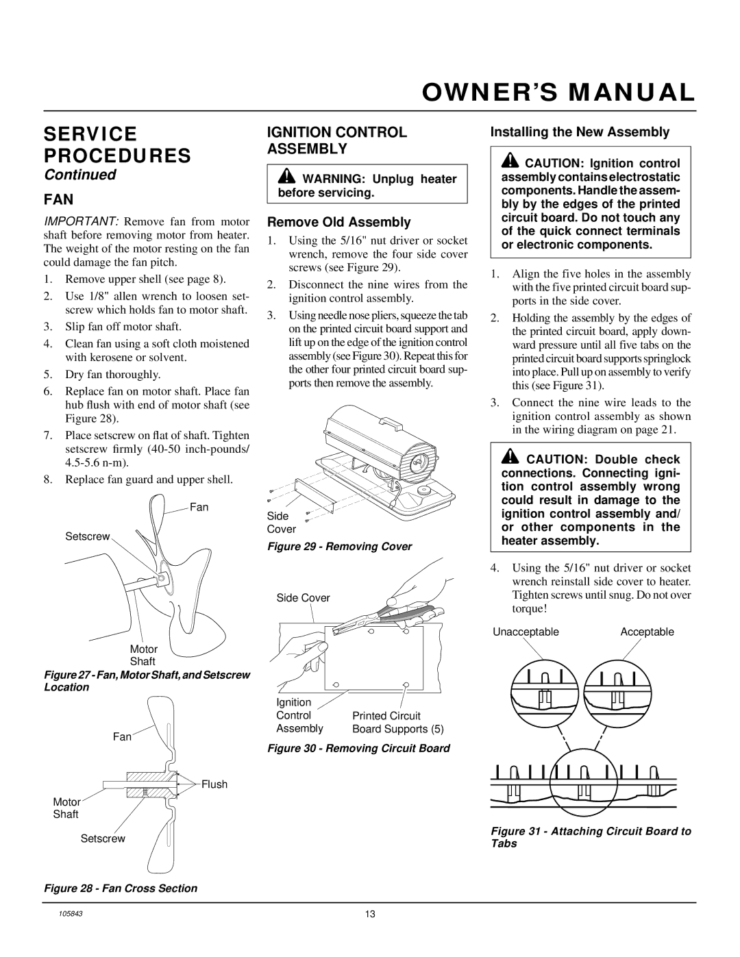 Desa D44N, D20N, D30N owner manual Fan, Ignition Control Assembly, Remove Old Assembly, Installing the New Assembly 