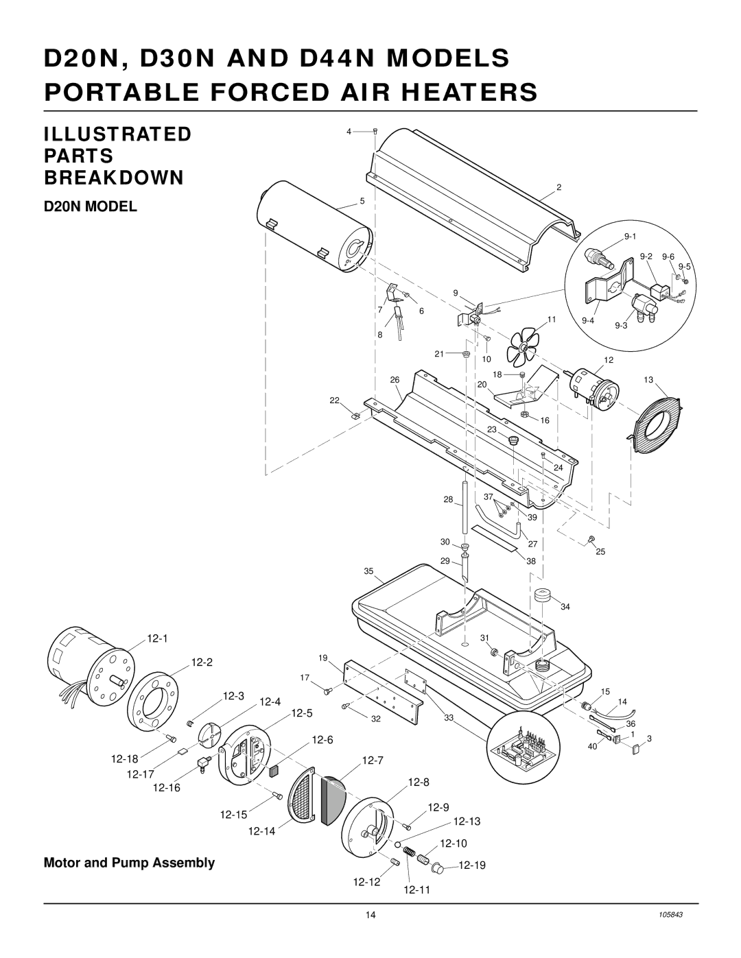 Desa D30N, D44N owner manual Illustrated Parts Breakdown, D20N Model, Motor and Pump Assembly 