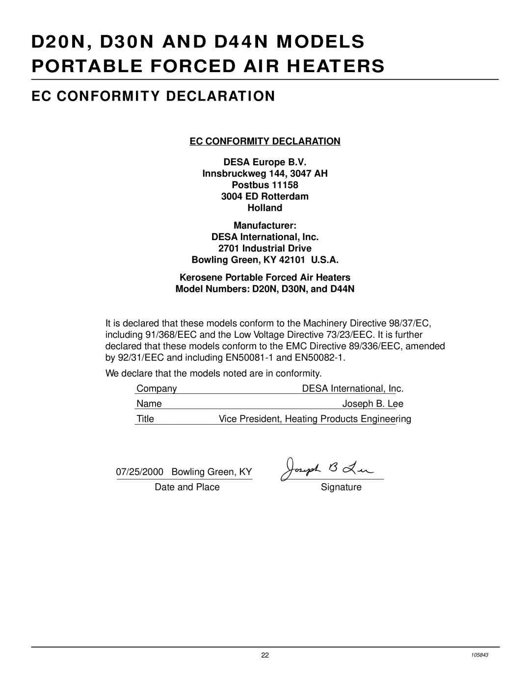 Desa D44N, D20N, D30N owner manual EC Conformity Declaration 