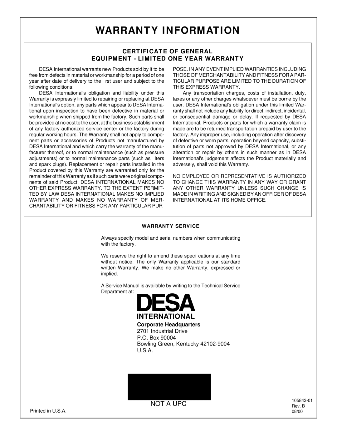 Desa D20N, D44N, D30N owner manual Warranty Information 