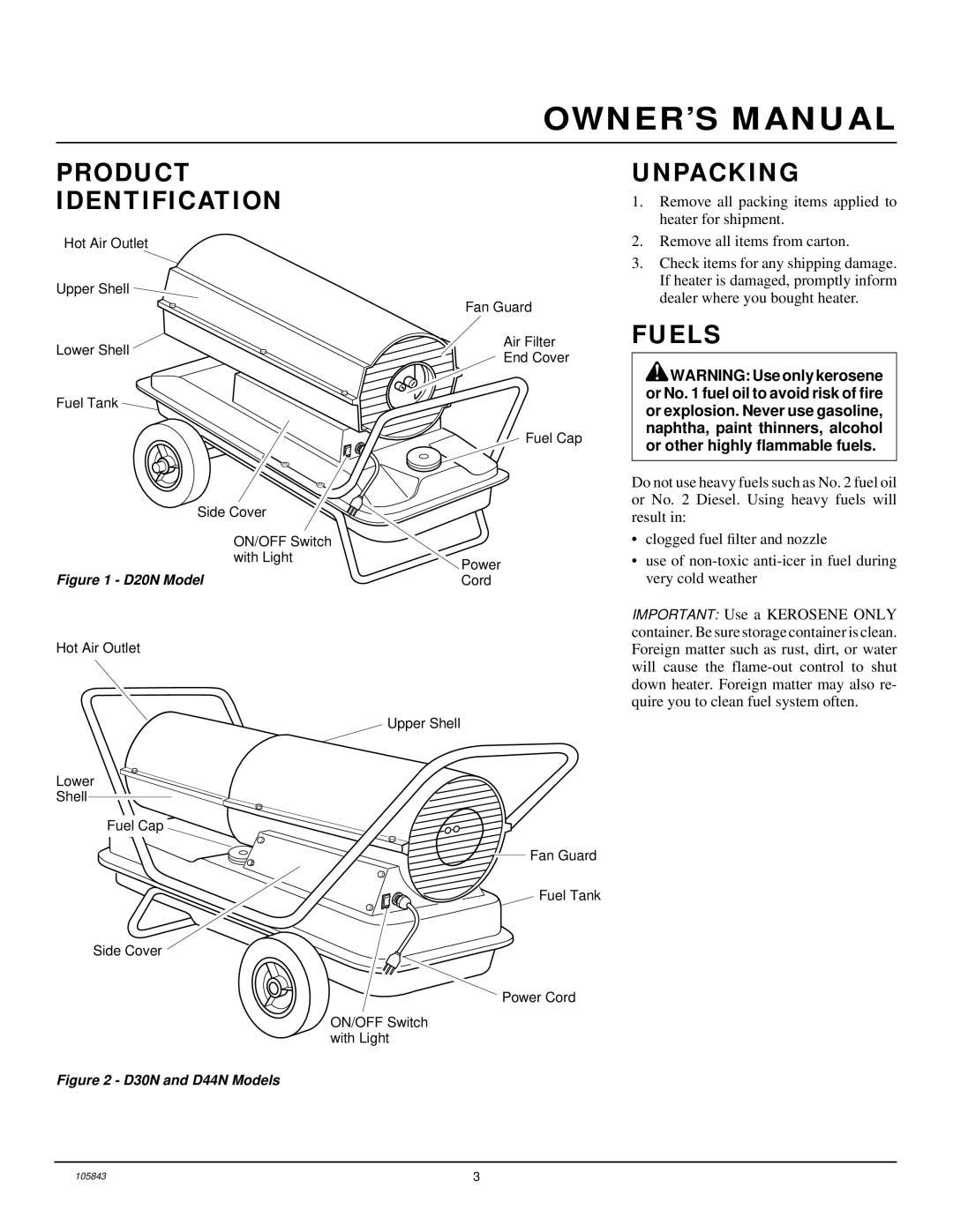 Desa D20N, D44N, D30N owner manual Product Identification Unpacking, Fuels 