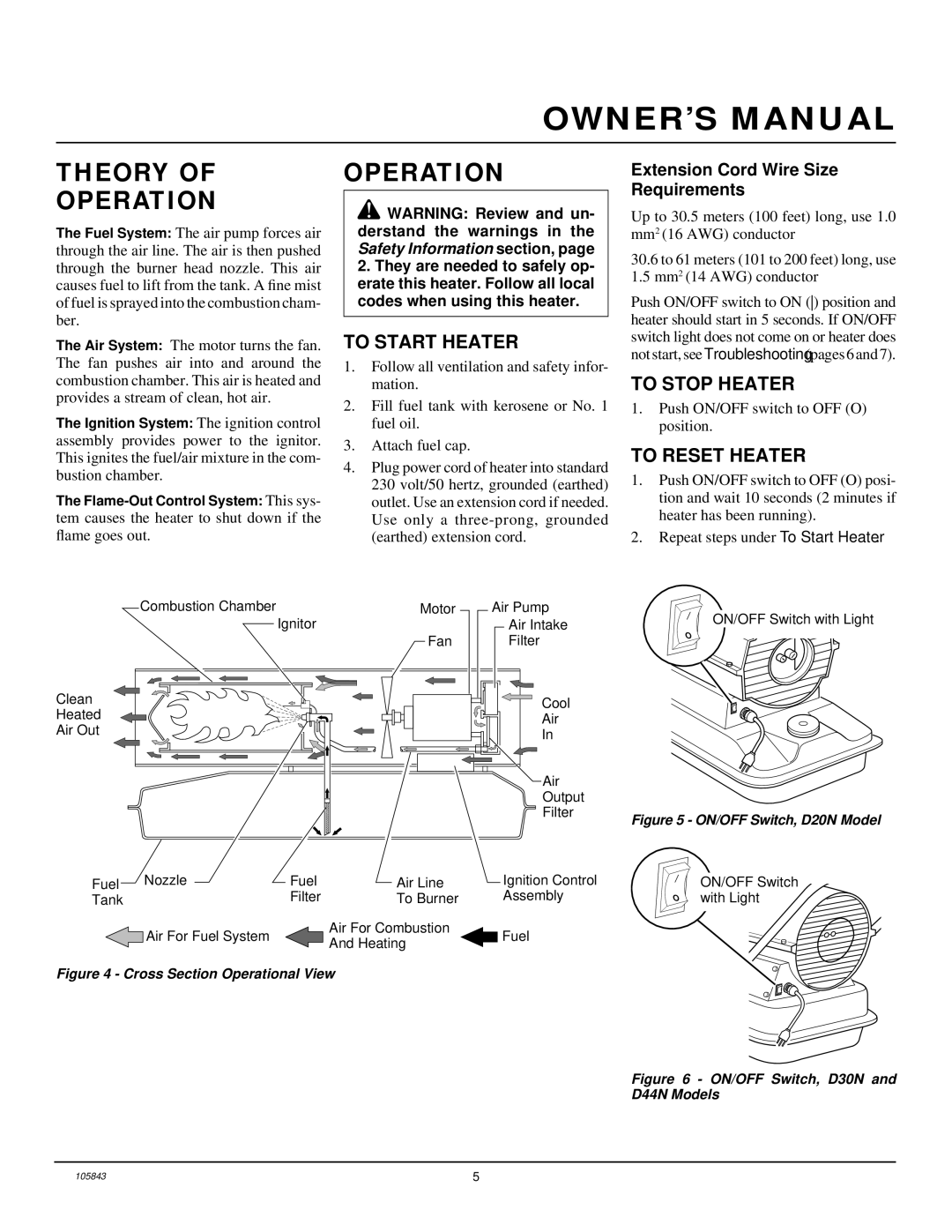 Desa D30N, D20N Theory Operation, To Start Heater, To Stop Heater, To Reset Heater, Extension Cord Wire Size Requirements 