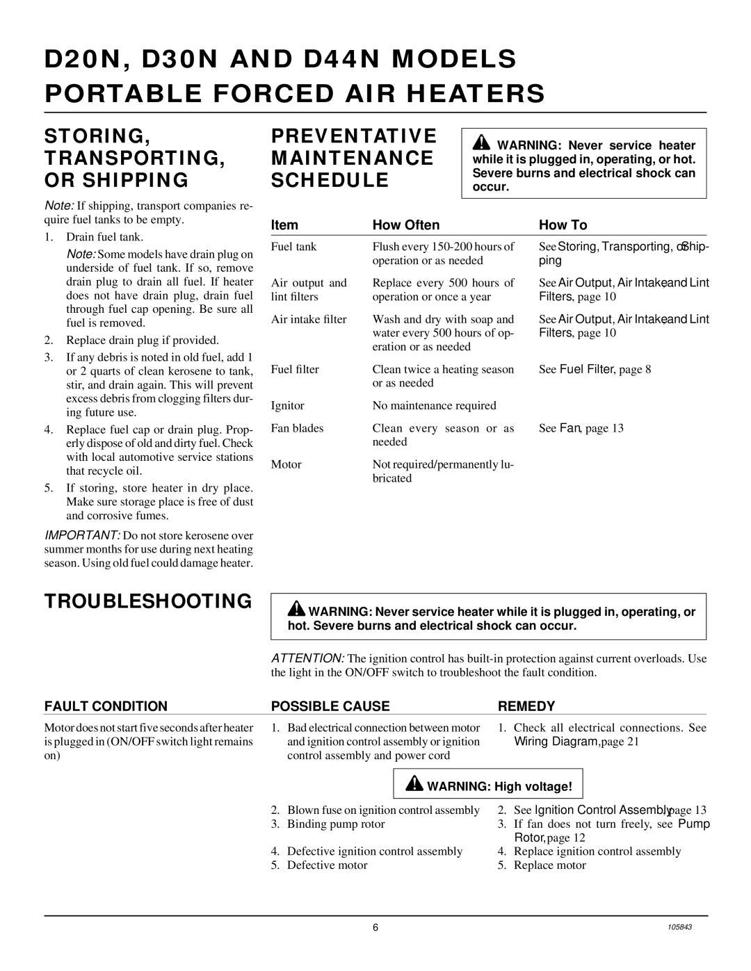 Desa D20N, D44N Storing TRANSPORTING, or Shipping, Preventative Maintenance, Schedule, Troubleshooting, How Often How To 