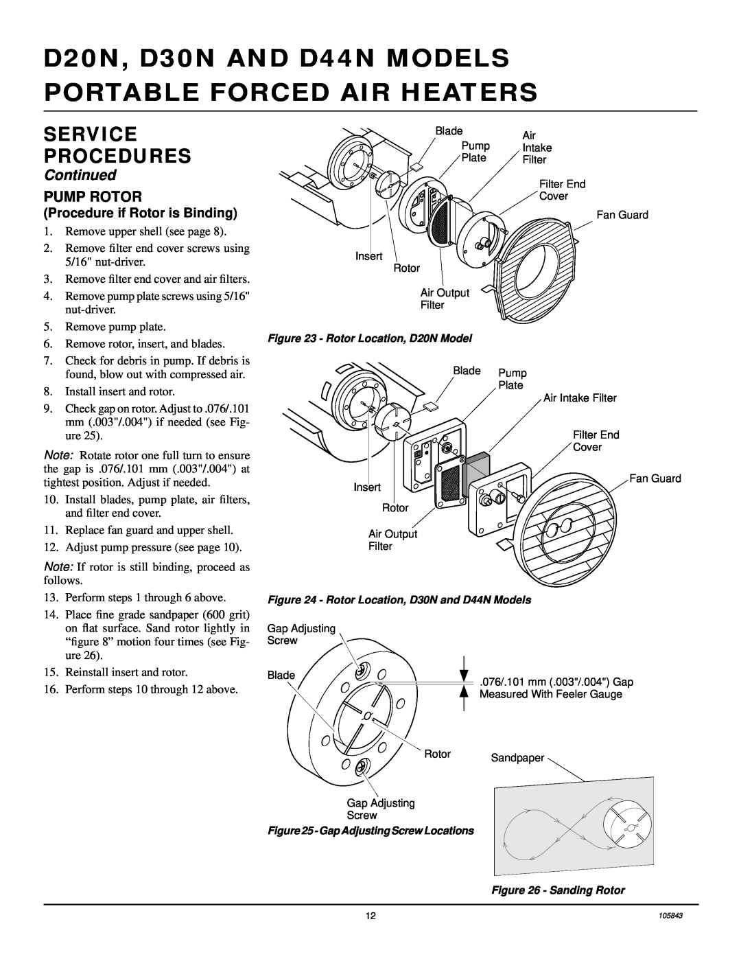 Desa D20N, D44N, D30N owner manual Pump Rotor, Service Procedures, Continued, Procedure if Rotor is Binding 