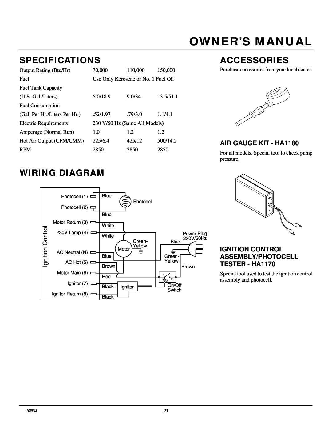 Desa D20N, D44N, D30N owner manual Specifications, Accessories, Wiring Diagram, AIR GAUGE KIT - HA1180, Ignition Control 