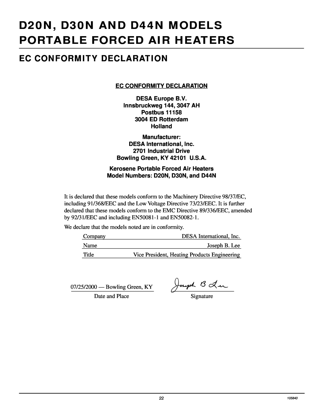 Desa D44N, D20N, D30N owner manual Ec Conformity Declaration 