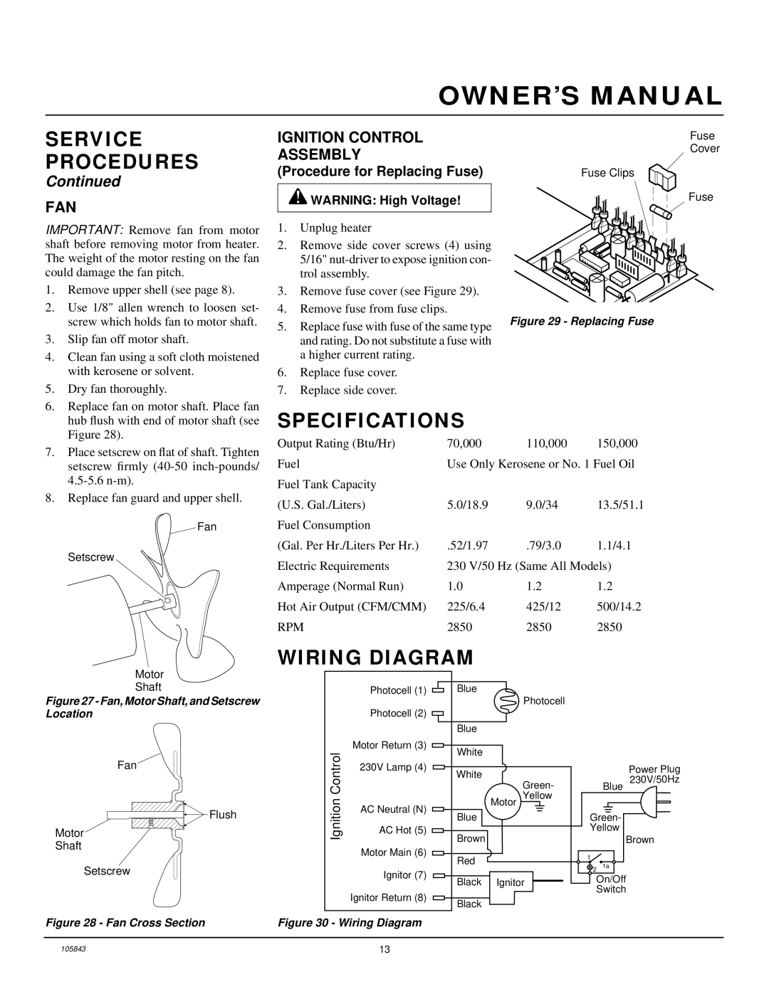 Desa D30H, D44H, D20H Specifications, Wiring Diagram, Fan, Ignition Control Assembly, Procedure for Replacing Fuse 