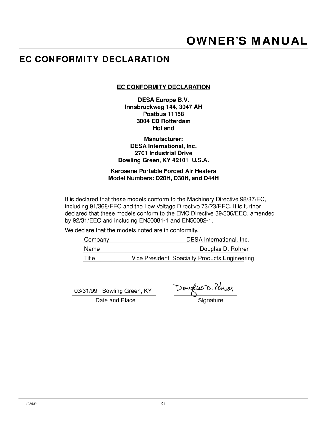 Desa D44H, D30H, D20H owner manual EC Conformity Declaration 