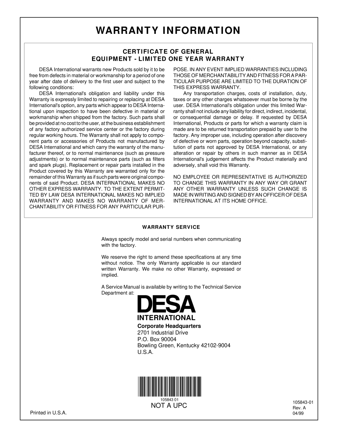 Desa D30H, D44H, D20H owner manual Warranty Information 