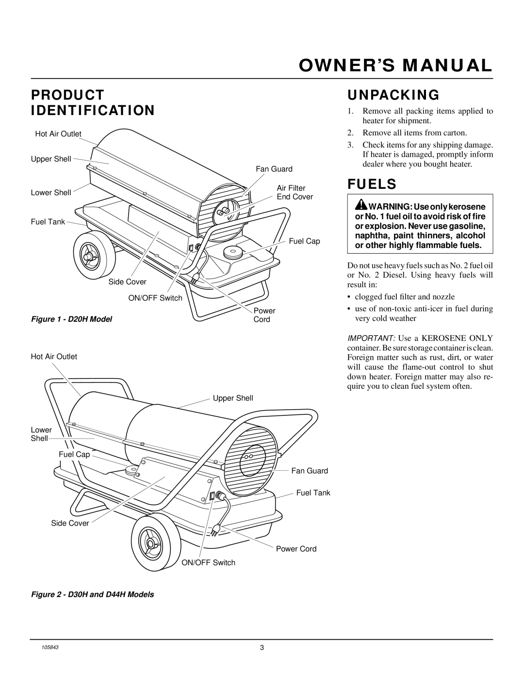 Desa D44H, D30H, D20H owner manual Product Identification Unpacking, Fuels 