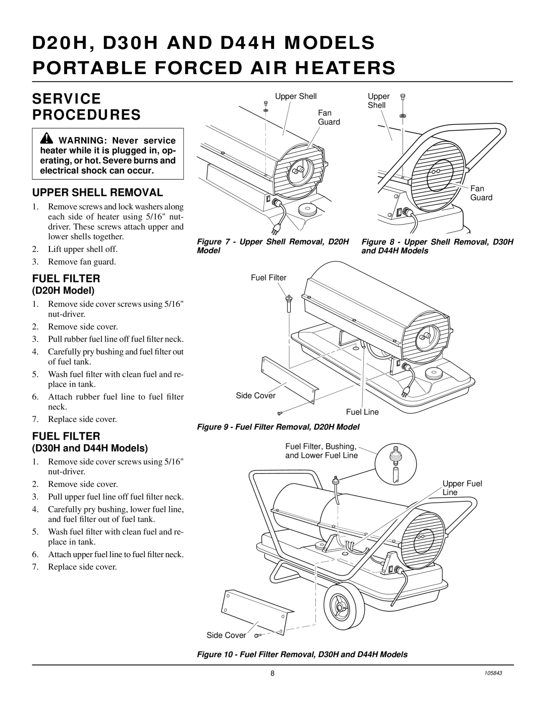 Desa owner manual Service Procedures, Upper Shell Removal, Fuel Filter, D20H Model, D30H and D44H Models 