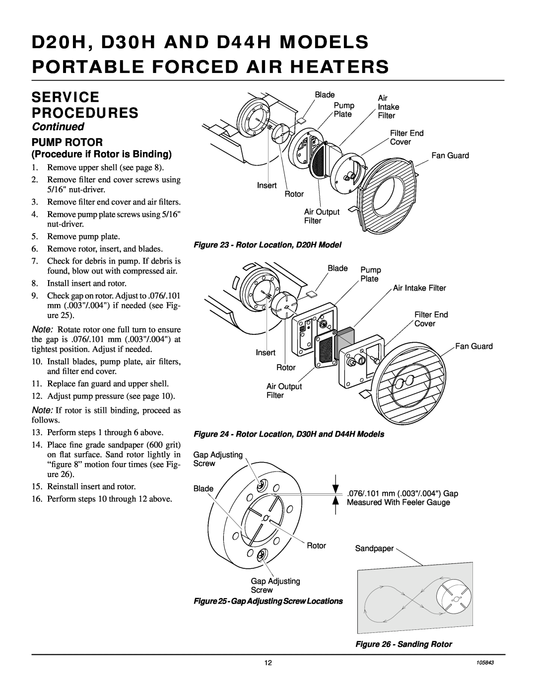 Desa D44H, D30H, D20H owner manual Pump Rotor, Service Procedures, Continued, Procedure if Rotor is Binding 