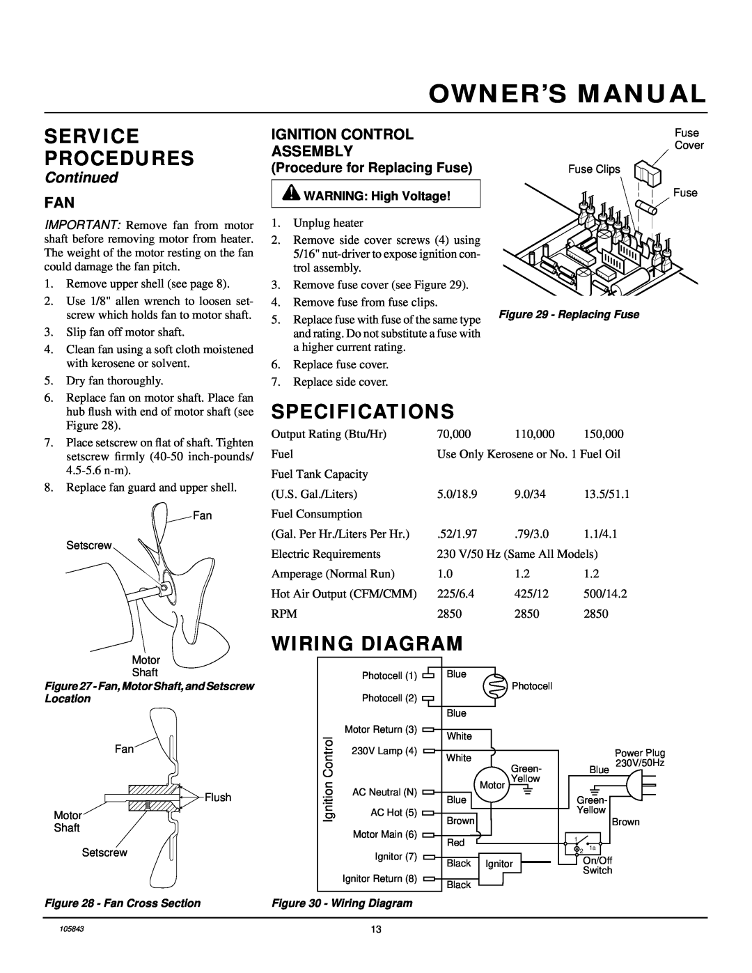 Desa D30H Specifications, Wiring Diagram, Ignition Control Assembly, Service Procedures, Continued, WARNING High Voltage 