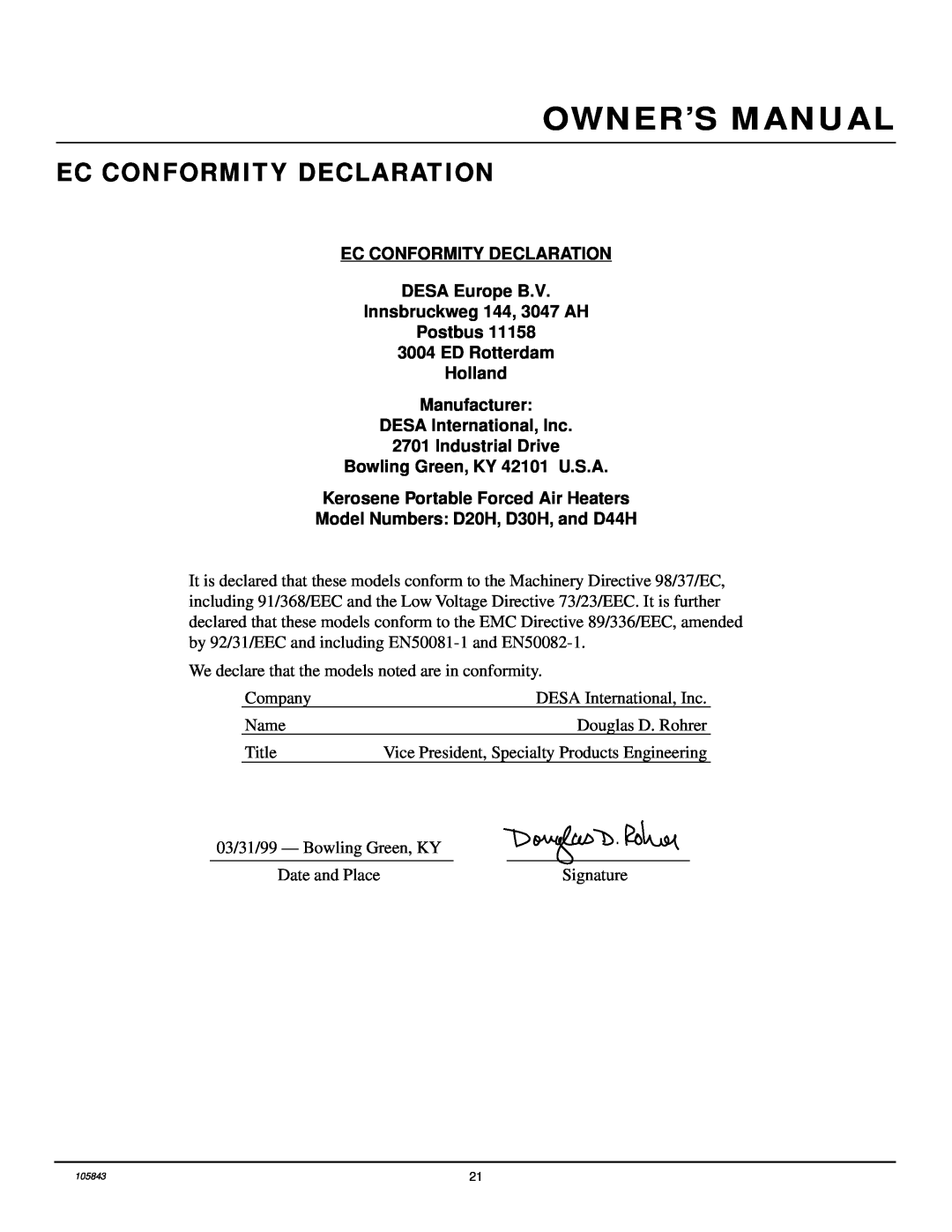 Desa D44H, D30H, D20H owner manual Ec Conformity Declaration 