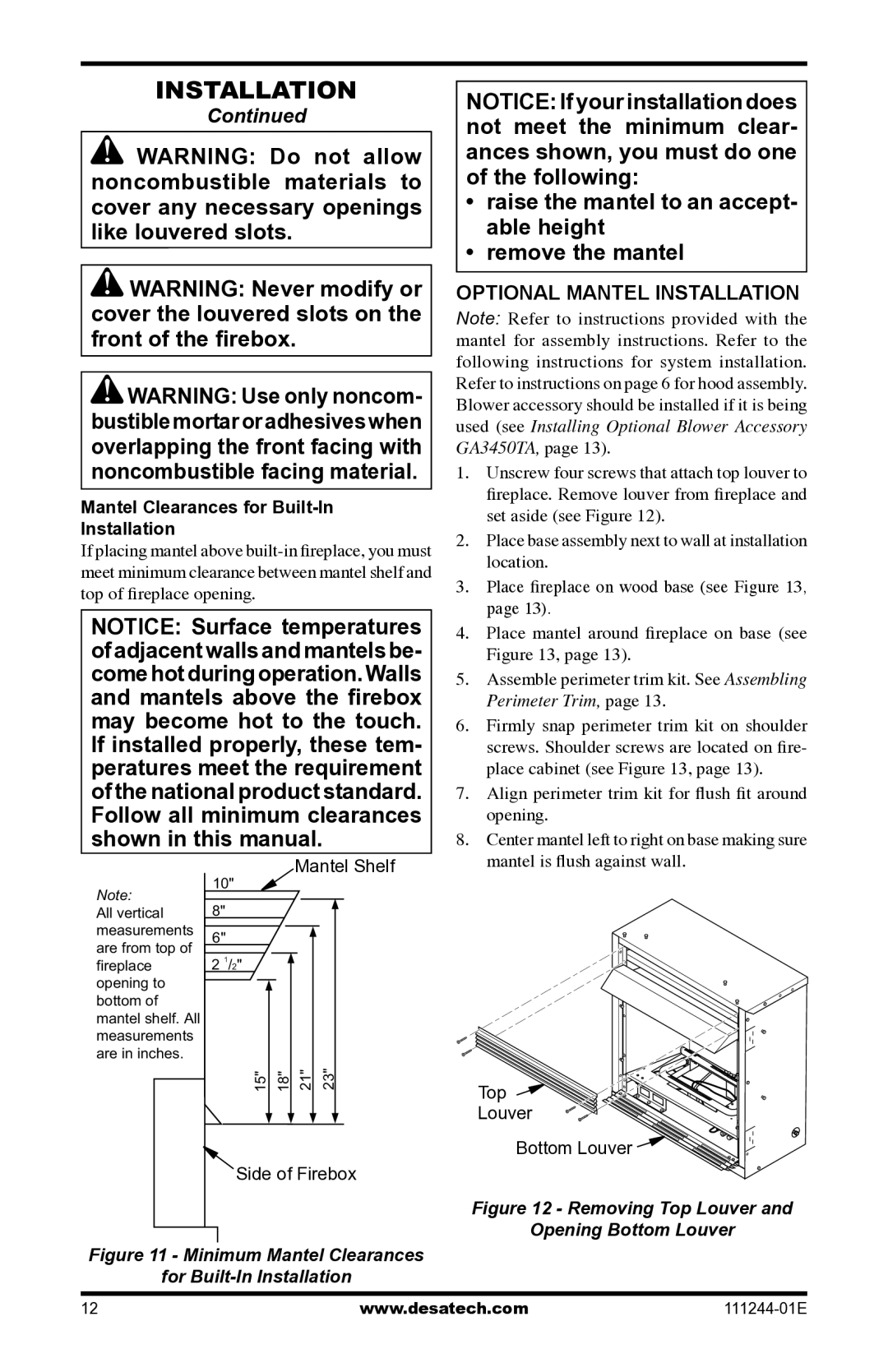 Desa DCFTNA installation manual Optional Mantel Installation, Mantel Clearances for Built-In Installation 