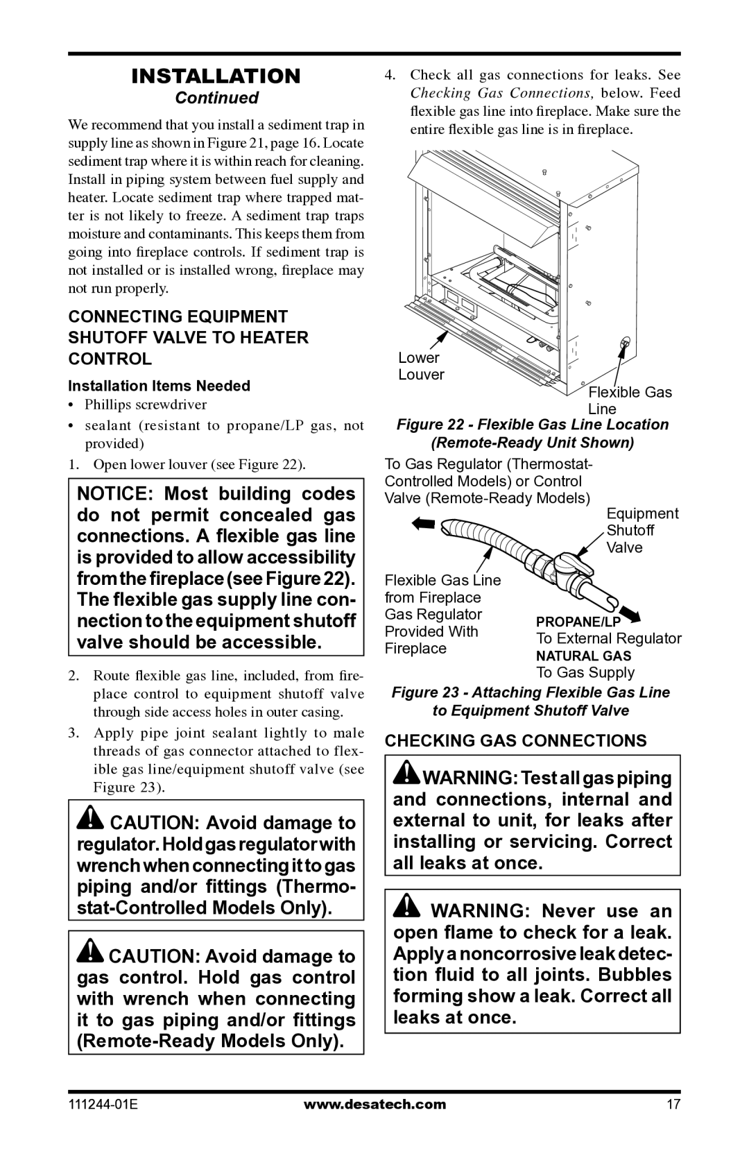 Desa DCFTNA Connecting Equipment Shutoff Valve to Heater Control, Checking GAS Connections, Installation Items Needed 