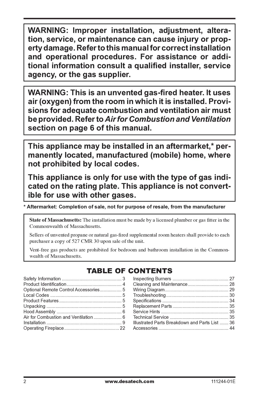 Desa DCFTNA installation manual Table of Contents 