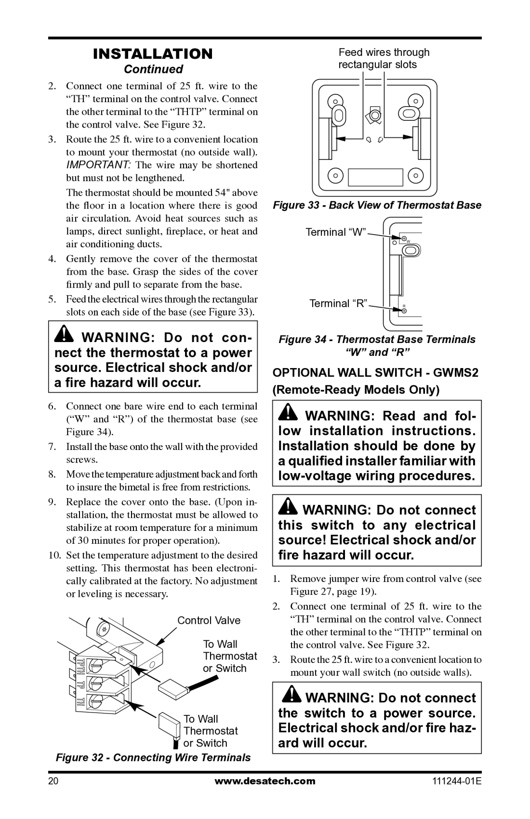 Desa DCFTNA Optional Wall Switch GWMS2 Remote-Ready Models Only, Remove jumper wire from control valve see 