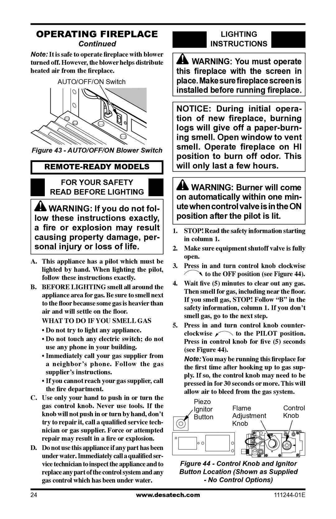 Desa DCFTNA installation manual REMOTE-READY Models For Your Safety Read Before Lighting, AUTO/OFF/ON Blower Switch 