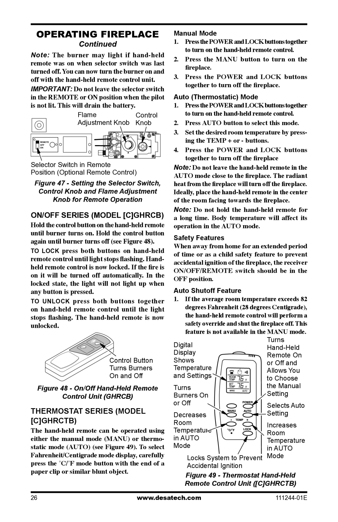 Desa DCFTNA ON/OFF Series Model Cghrcb, Thermostat Series Model Cghrctb, Manual Mode, Auto Thermostatic Mode 