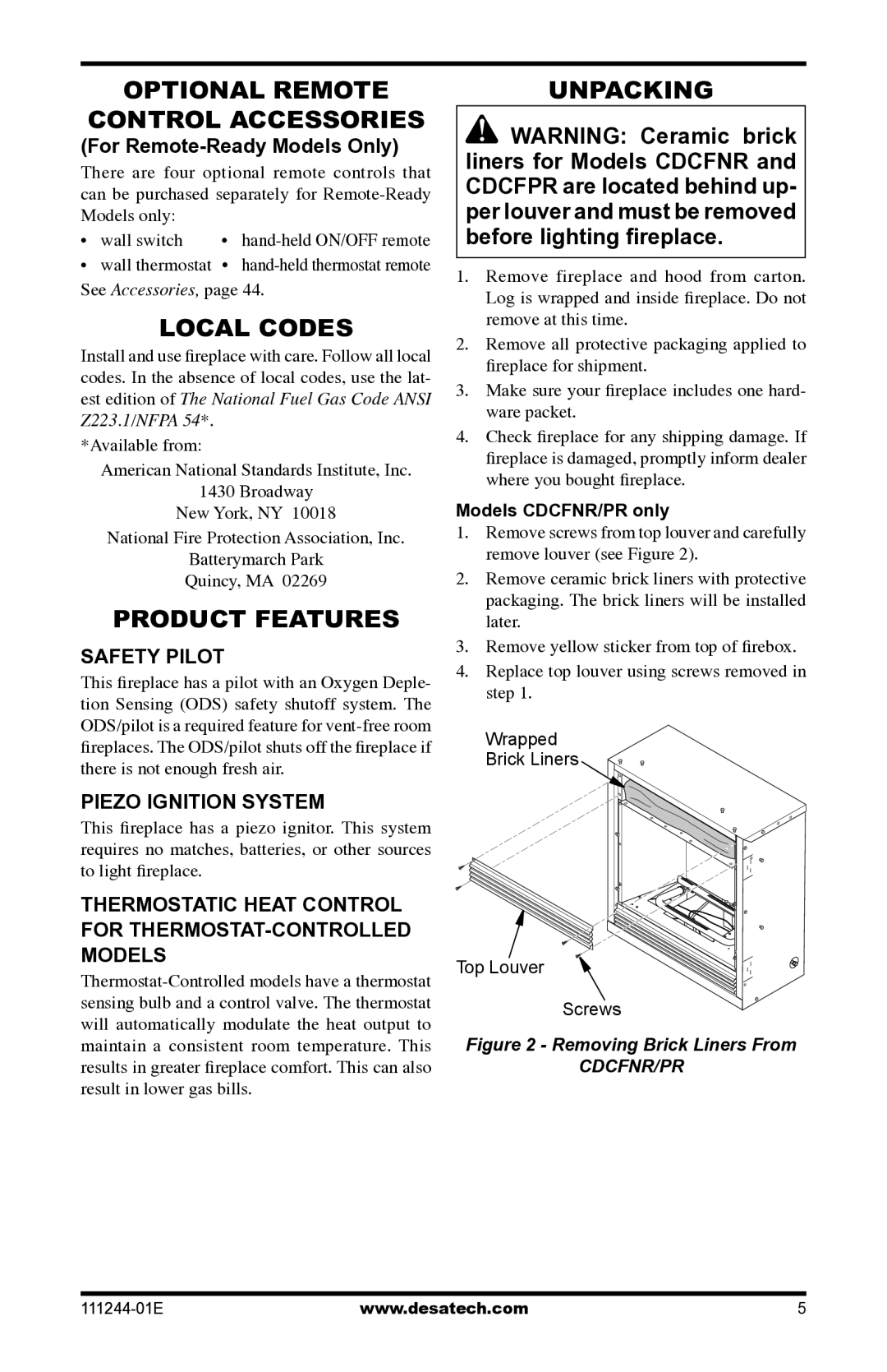 Desa DCFTNA installation manual Optional Remote Control Accessories, Local Codes, Product Features, Unpacking 