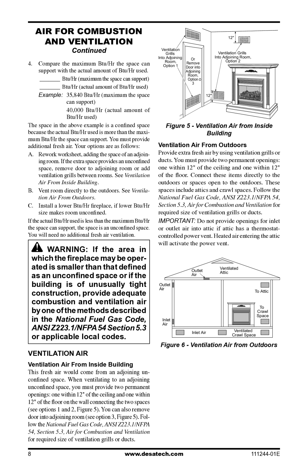 Desa DCFTNA installation manual Ventilation AIR, Ventilation Air From Inside Building, Ventilation Air From Outdoors 