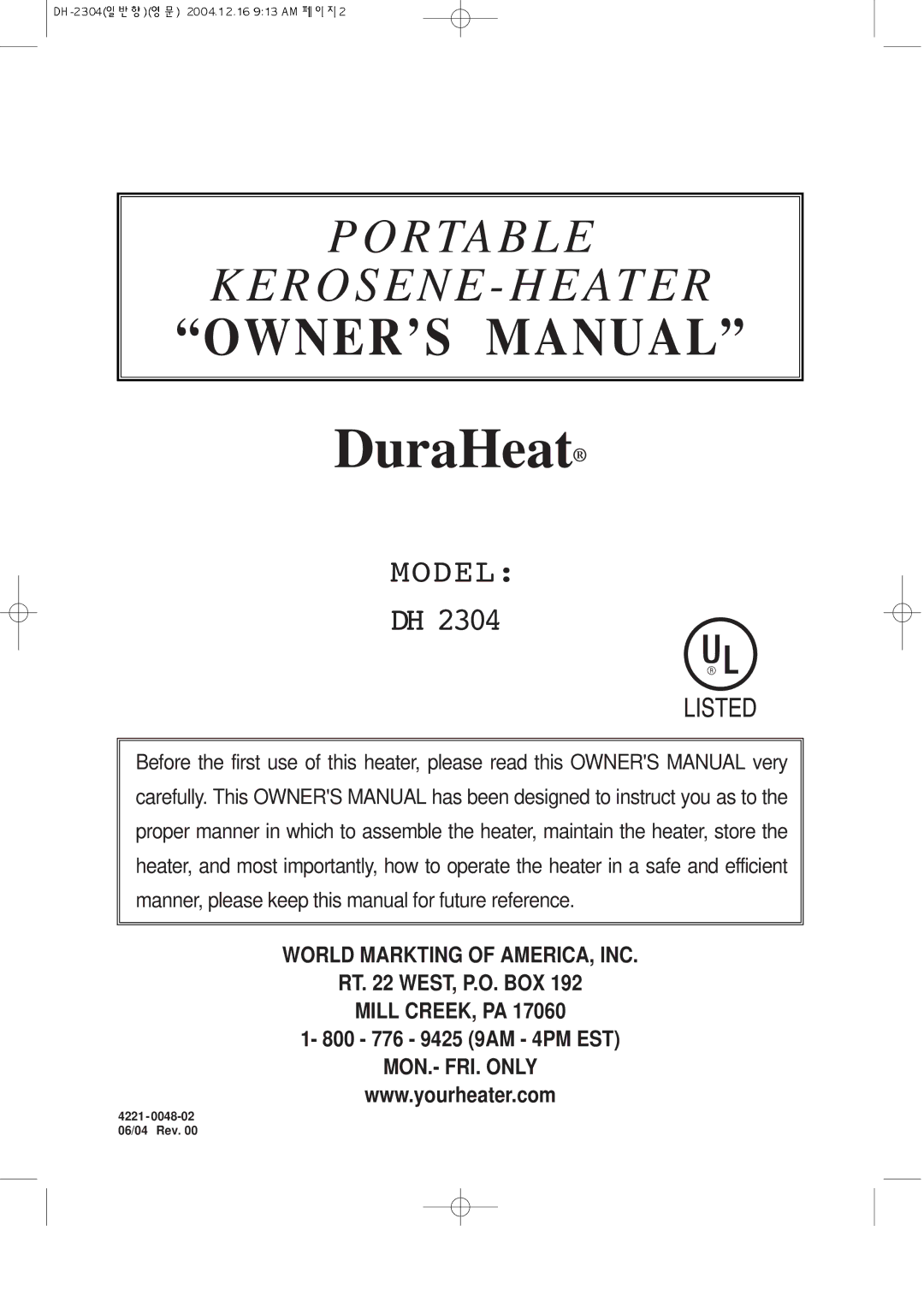 Desa DH2304 owner manual DuraHeat 