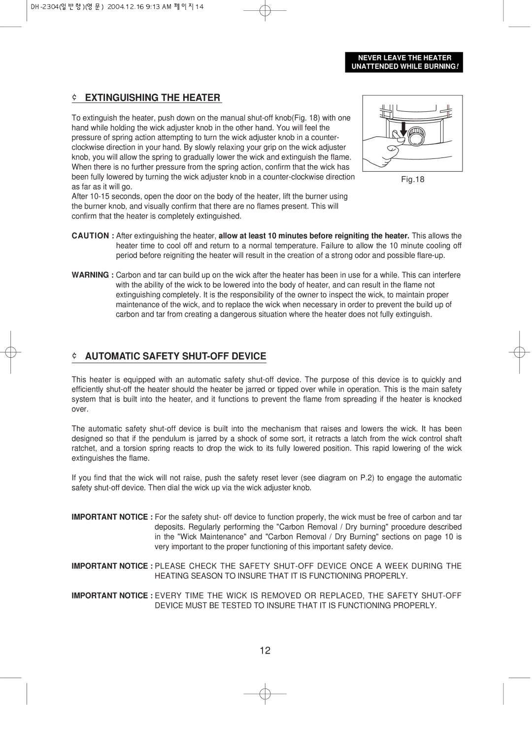 Desa DH2304 owner manual ¢ Extinguishing the Heater, ¢ Automatic Safety SHUT-OFF Device 