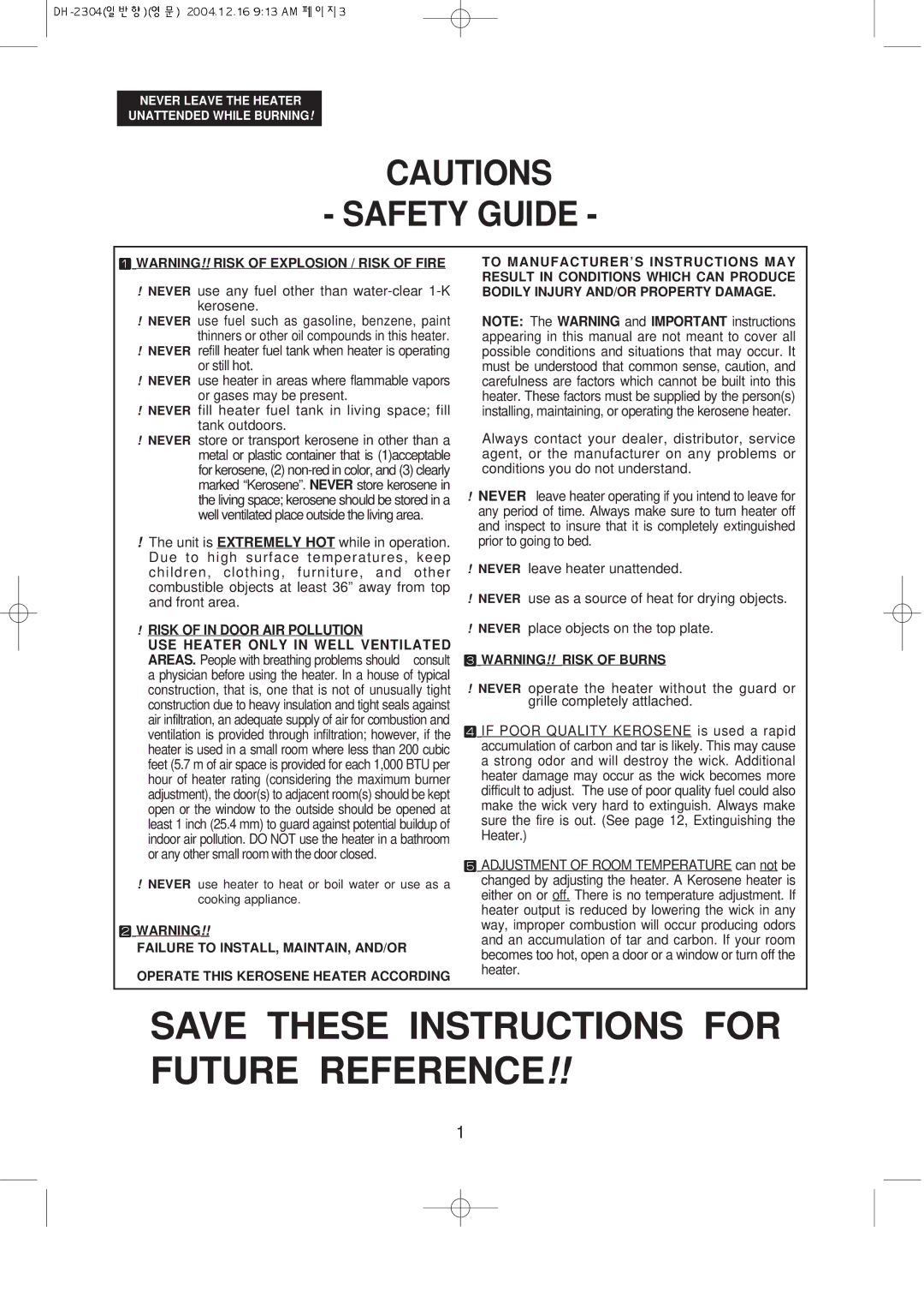 Desa DH2304 owner manual Save These Instructions for Future Reference 