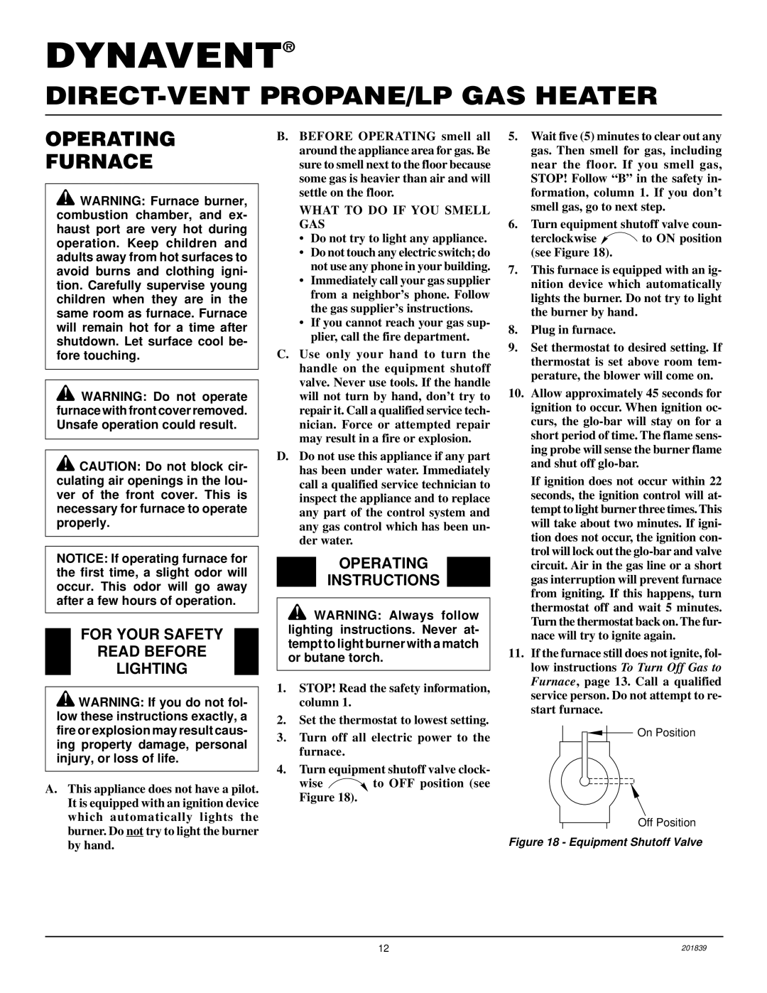 Desa DNV25PB, DNV40PB installation manual Operating Furnace, For Your Safety Read Before Lighting, Operating Instructions 