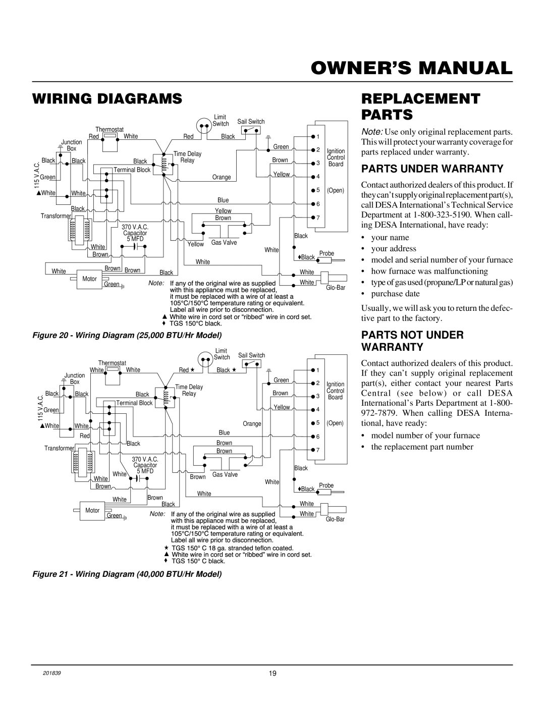 Desa DNV40PB, DNV25PB installation manual Wiring Diagrams Replacement, Parts Under Warranty, Parts not Under Warranty 