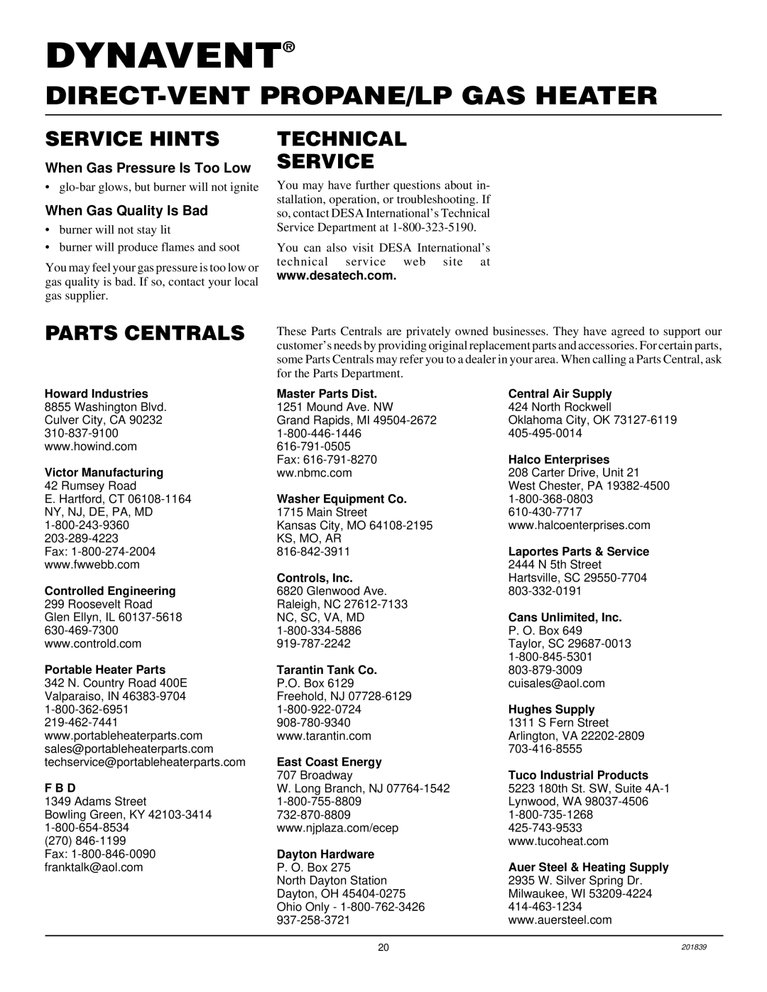 Desa DNV25PB Service Hints, Parts Centrals, Technical Service, When Gas Pressure Is Too Low, When Gas Quality Is Bad 