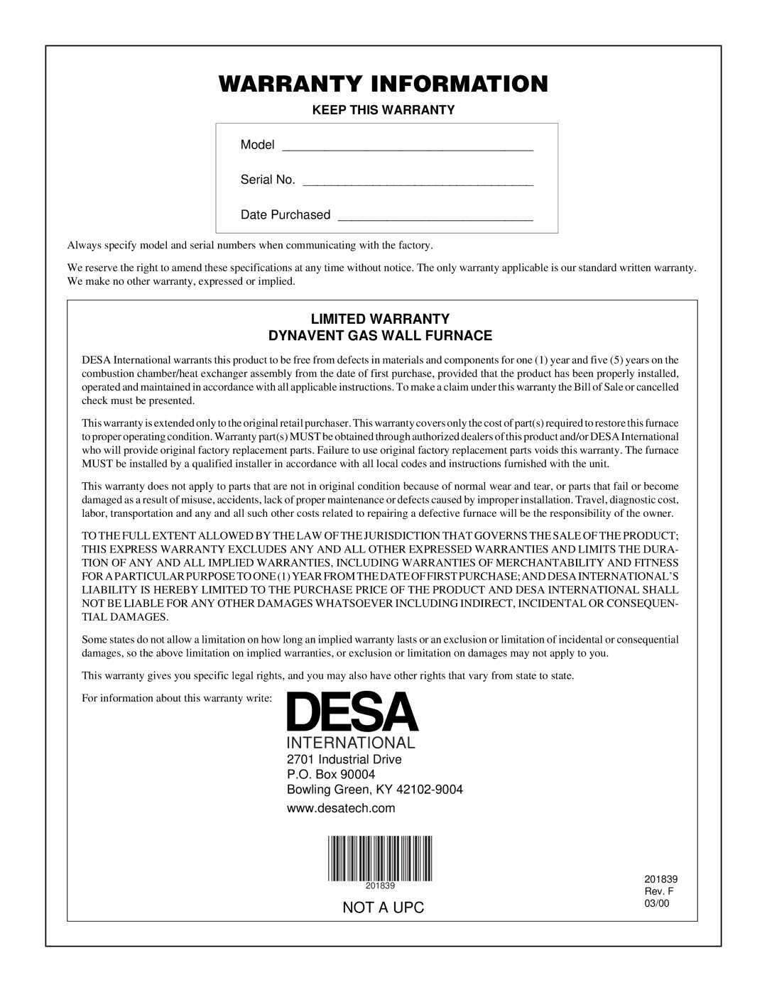 Desa DNV25PB, DNV40PB installation manual Warranty Information 