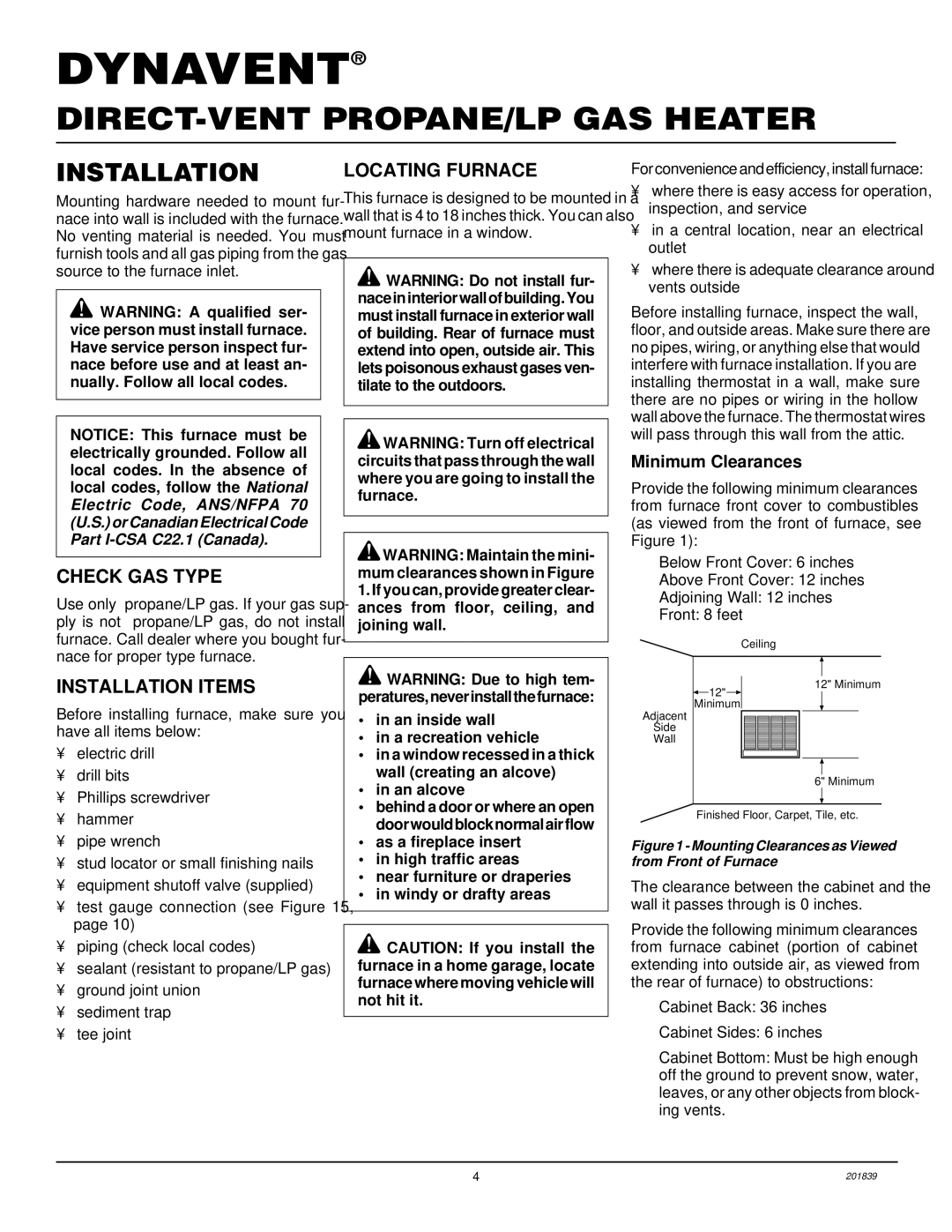 Desa DNV25PB, DNV40PB installation manual Check GAS Type, Installation Items, Locating Furnace, Minimum Clearances 