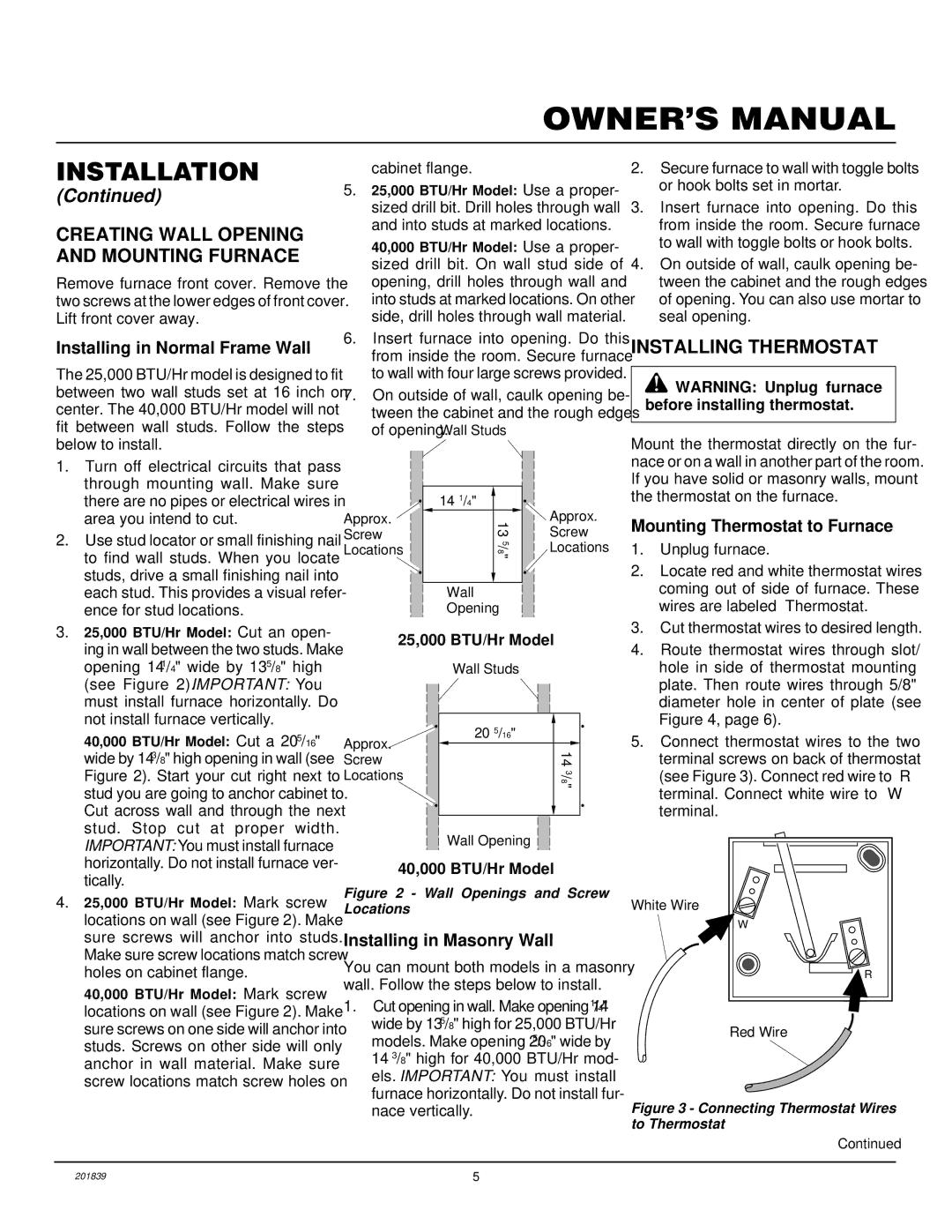 Desa DNV40PB, DNV25PB Creating Wall Opening and Mounting Furnace, Installing Thermostat, Installing in Normal Frame Wall 