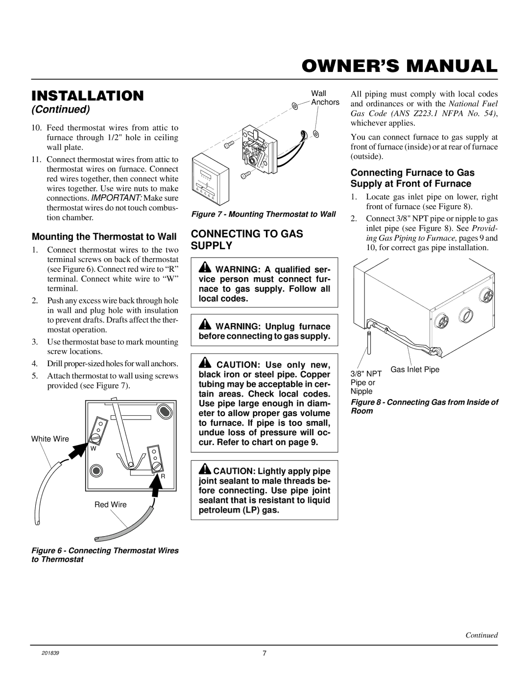 Desa DNV40PB, DNV25PB installation manual Connecting to GAS Supply, Mounting the Thermostat to Wall 