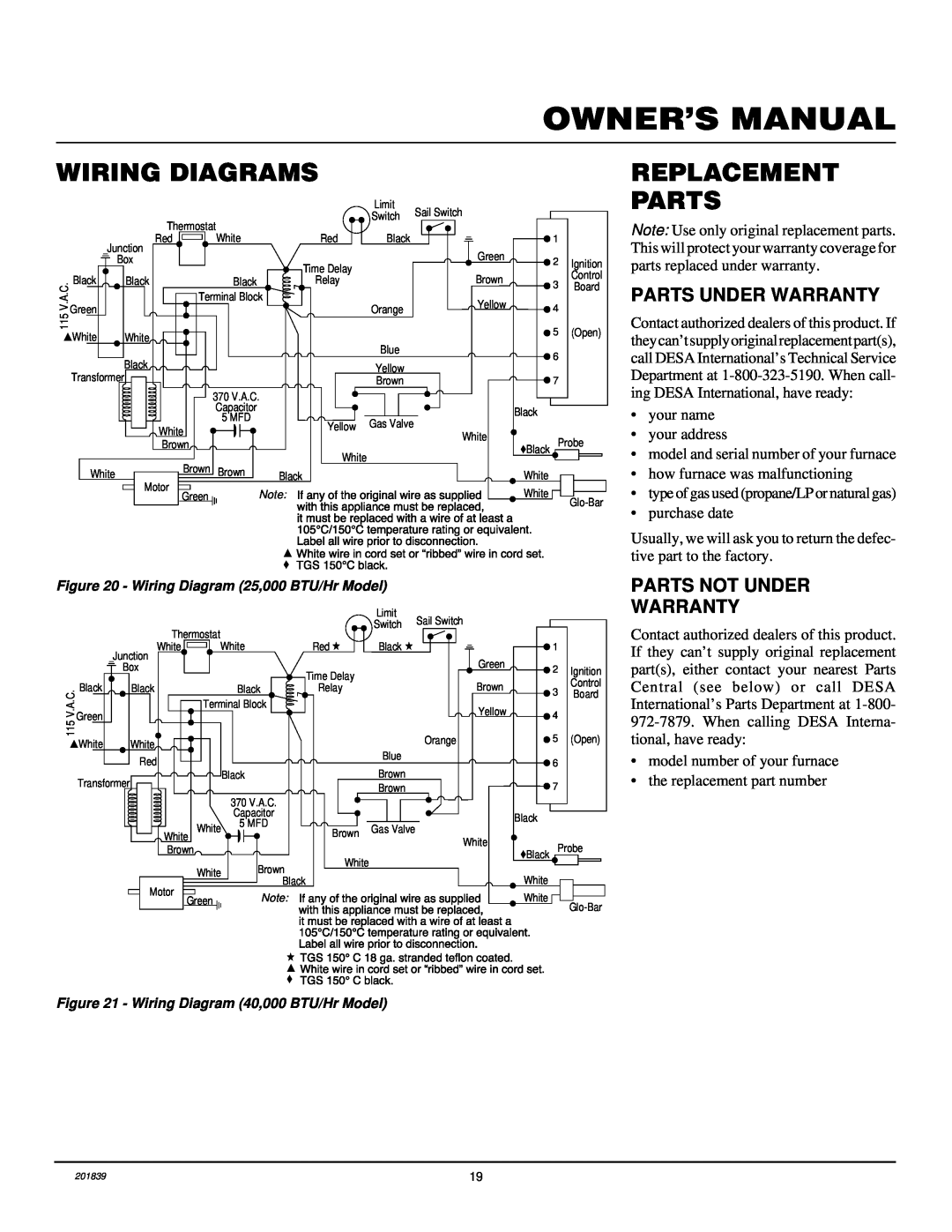 Desa DNV40PB, DNV25PB installation manual Wiring Diagrams, Replacement, Parts Under Warranty, Parts Not Under Warranty 