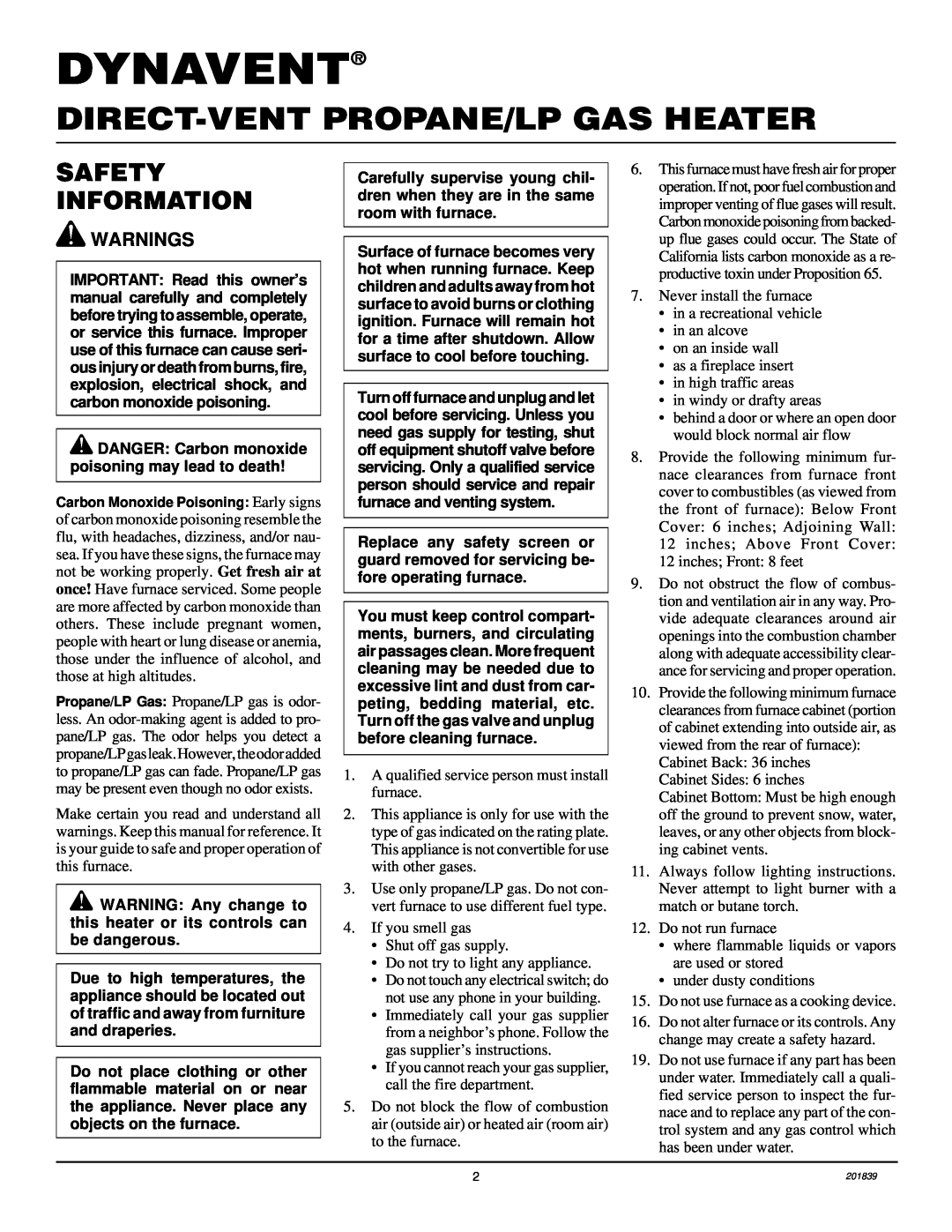 Desa DNV25PB, DNV40PB installation manual Dynavent, Safety Information, Direct-Ventpropane/Lp Gas Heater 