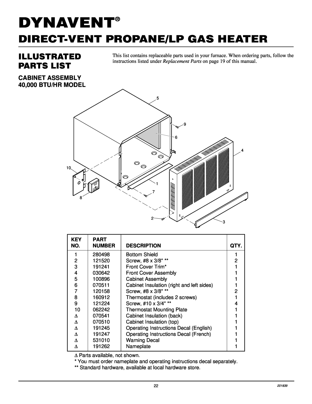 Desa DNV25PB Dynavent, Direct-Ventpropane/Lp Gas Heater, Illustrated Parts List, CABINET ASSEMBLY 40,000 BTU/HR MODEL 