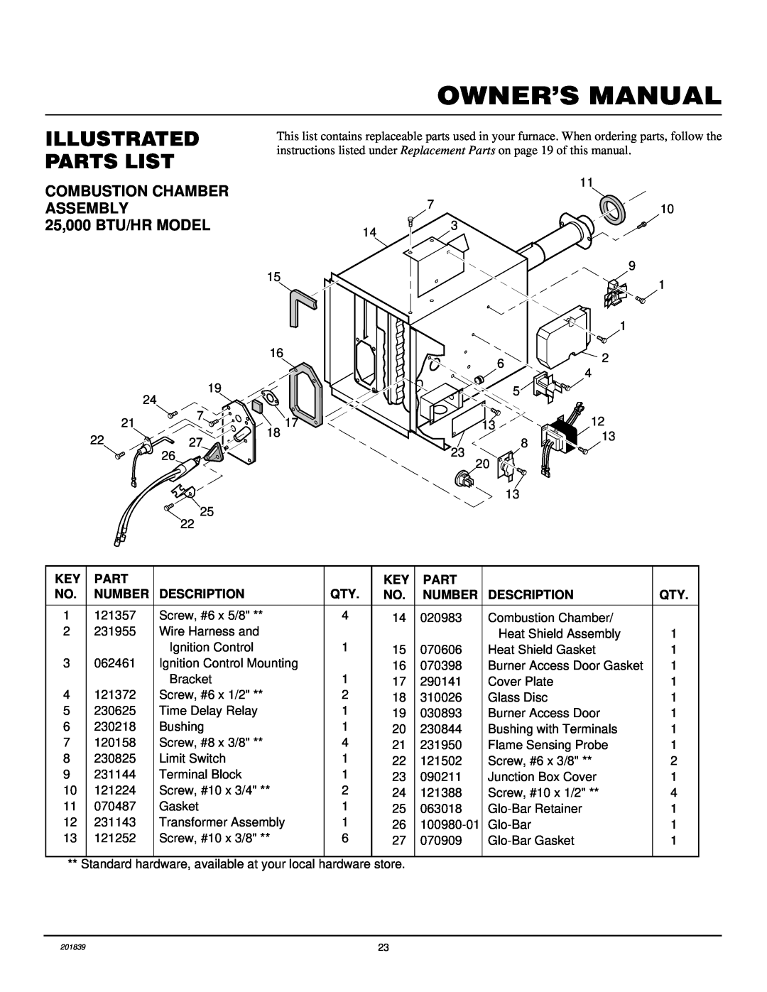 Desa DNV40PB, DNV25PB installation manual Illustrated Parts List, Combustion Chamber Assembly, 25,000 BTU/HR MODEL 