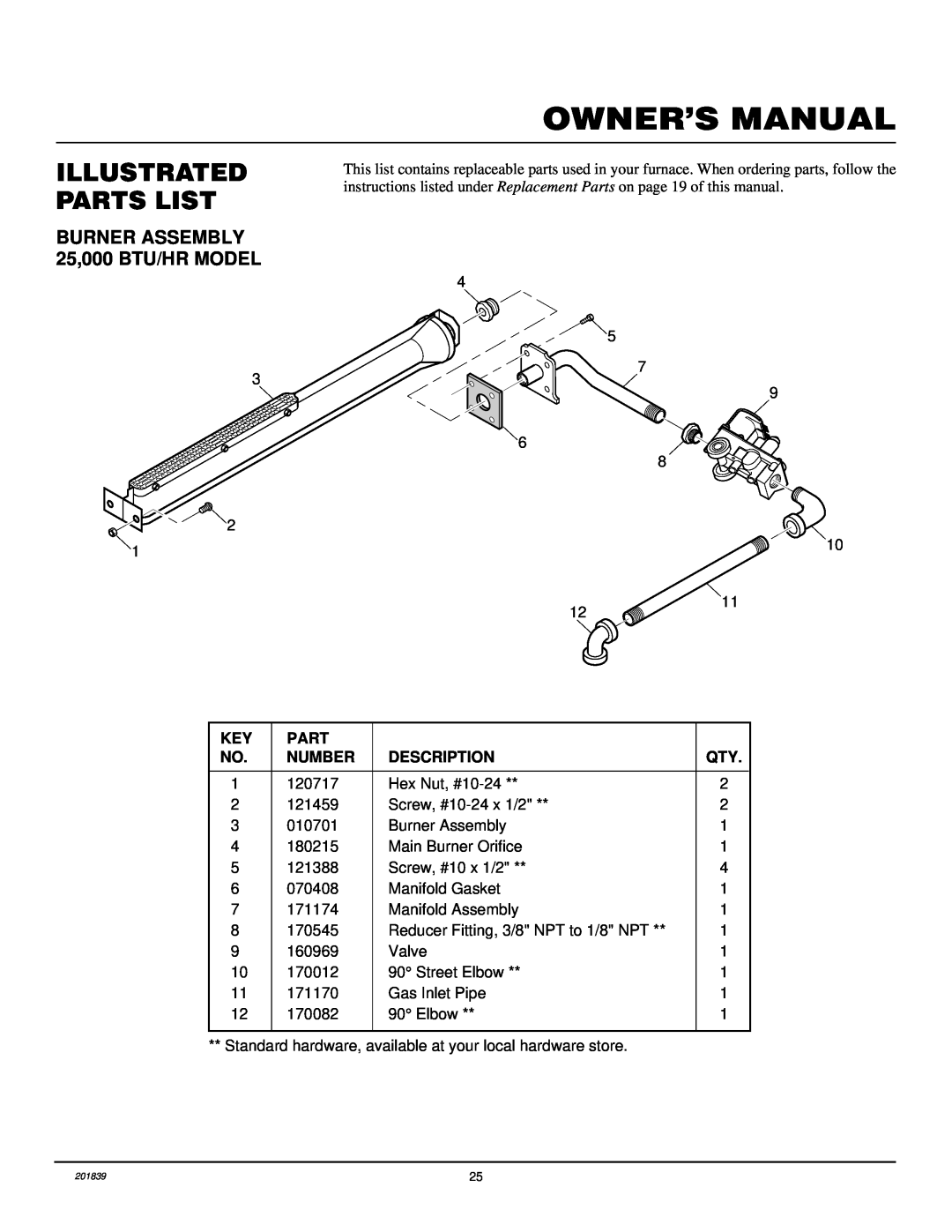 Desa DNV40PB, DNV25PB installation manual Illustrated Parts List, BURNER ASSEMBLY 25,000 BTU/HR MODEL 