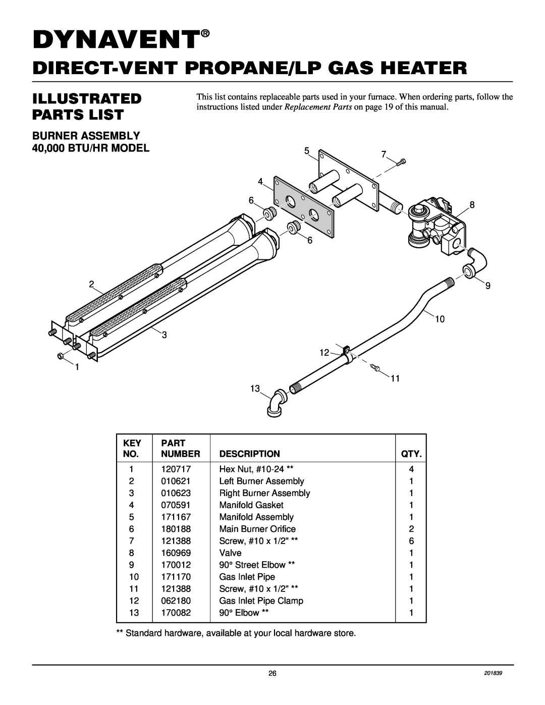 Desa DNV25PB, DNV40PB installation manual Dynavent, Direct-Ventpropane/Lp Gas Heater, Illustrated Parts List, 29 10 3 12 
