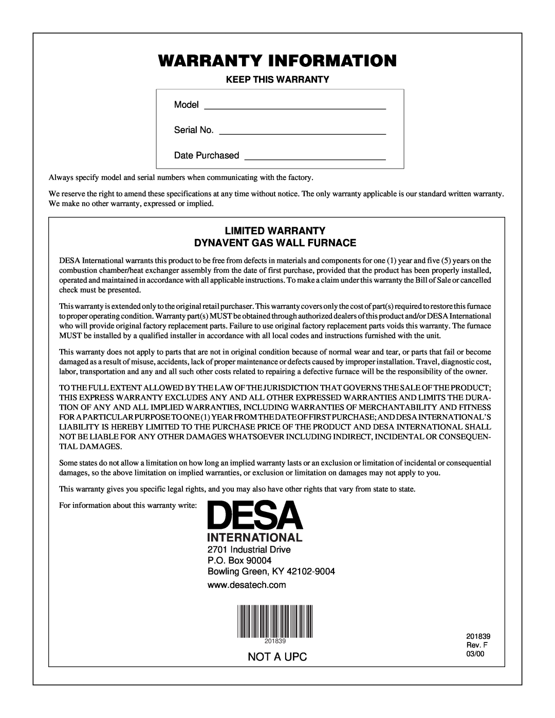 Desa DNV25PB, DNV40PB Warranty Information, International, Not A Upc, Limited Warranty Dynavent Gas Wall Furnace 